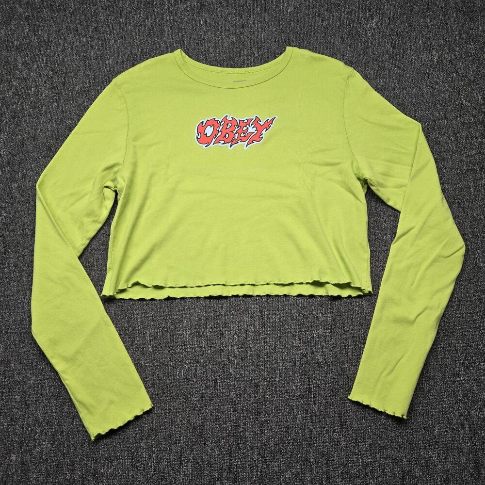 Obey Women’s Cropped Long Sleeve Top XL Green Streetwear Juniors Scallop Hem Tee